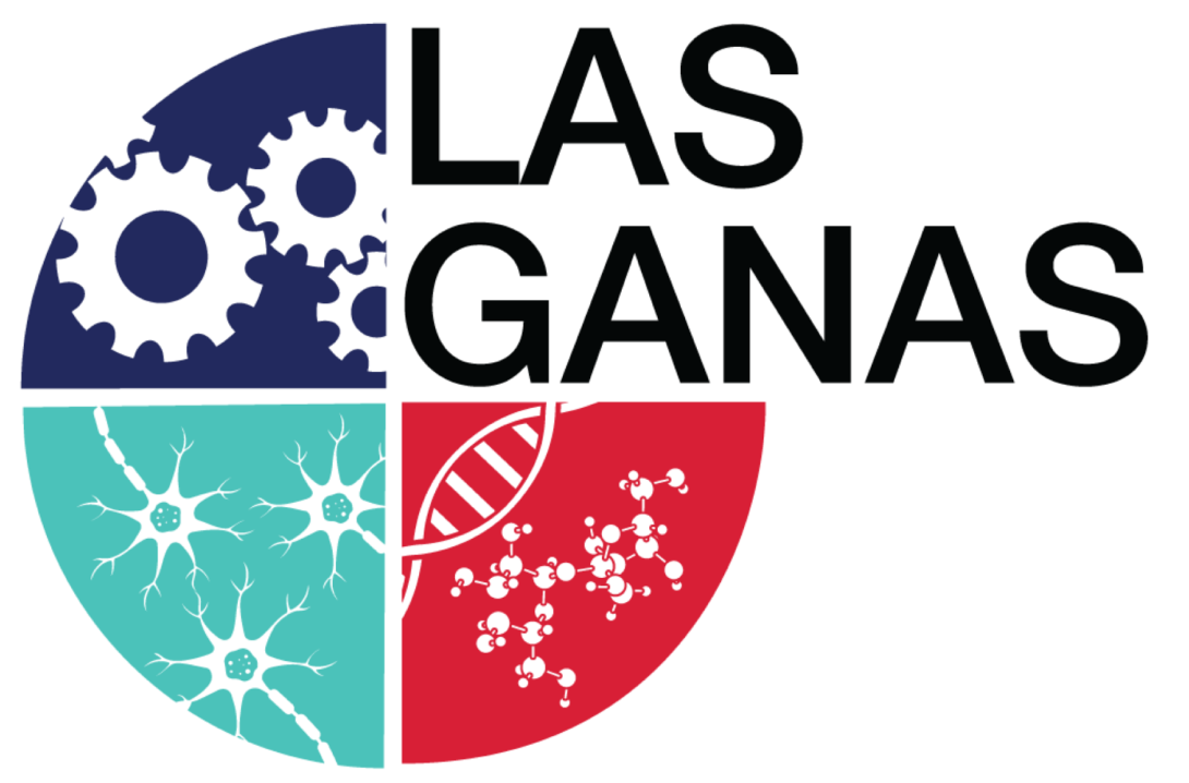 Las Ganas logo. Circle cut into 4 quadrants. One has gears, another has stem cells, and the las has dna molecules and the name Las Ganas in the last