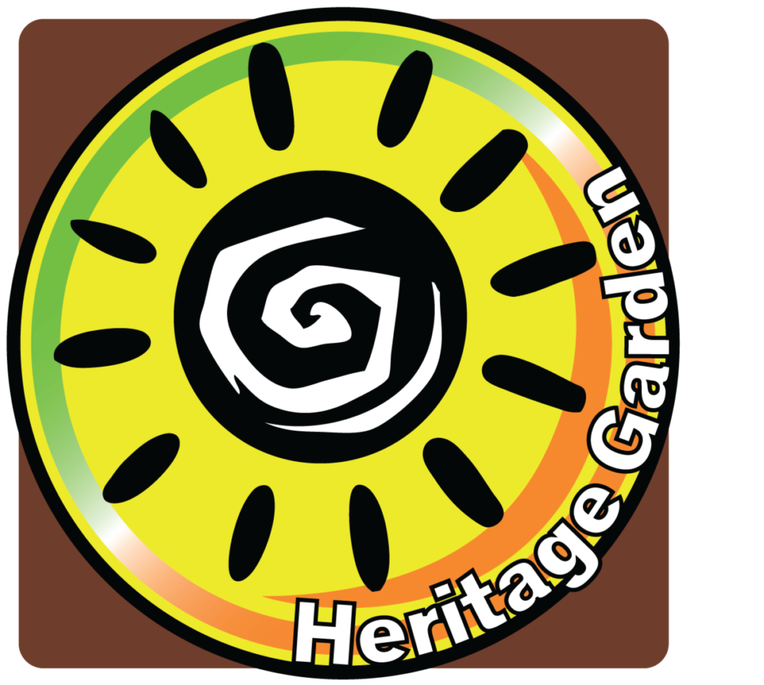 brown background with yellow circle with a sun illustration in the middle. along with the words heritage garden wrapped along the circle