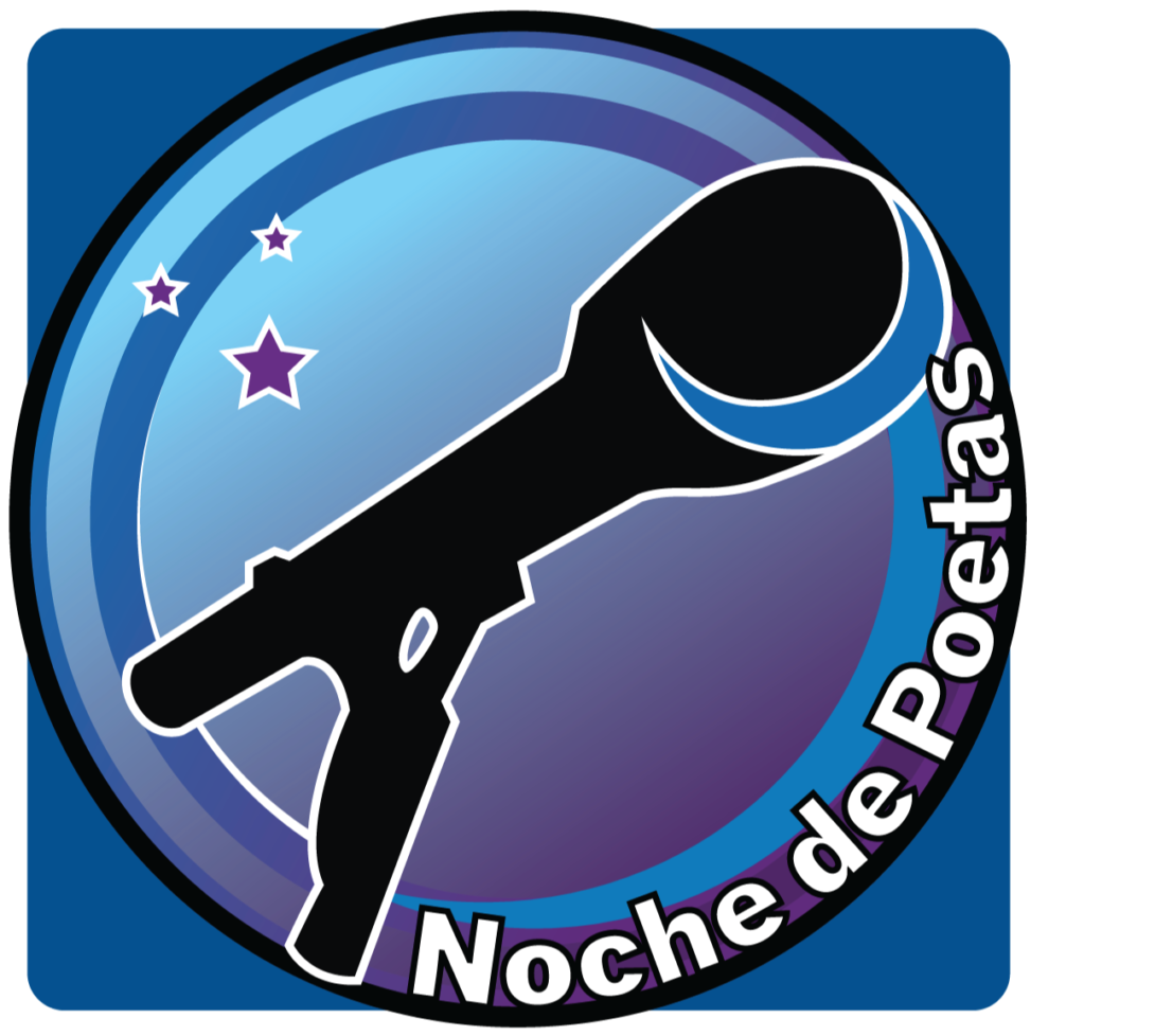 Blue circle with a microphone in the middle along with the words Noche de Poetas wrapped along the circle