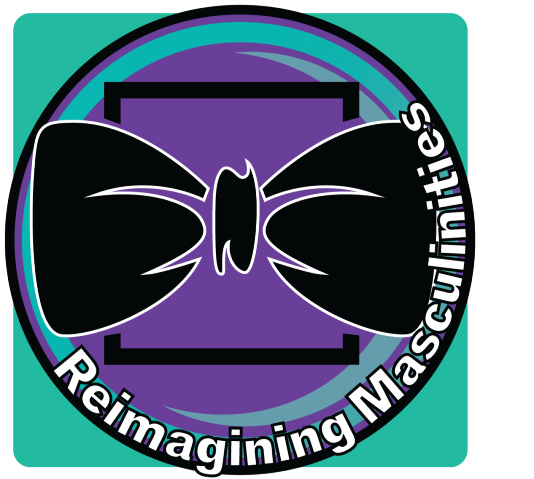 teal background with purple circle with a bow tie in the middle. along with the words Reimagining Masculinities wrapped along the circle