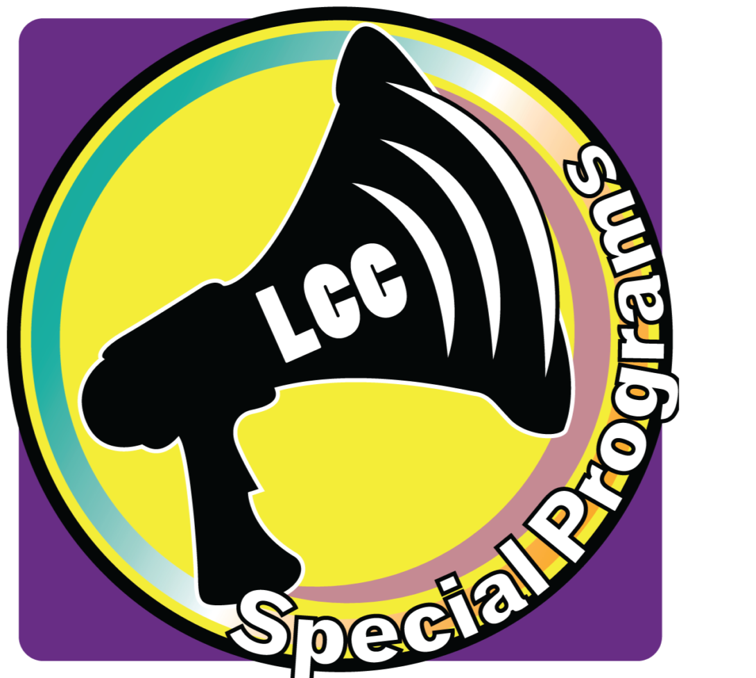 purple background with yellow circle with a megaphone in the middle. along with the words Special Programs wrapped along the circle