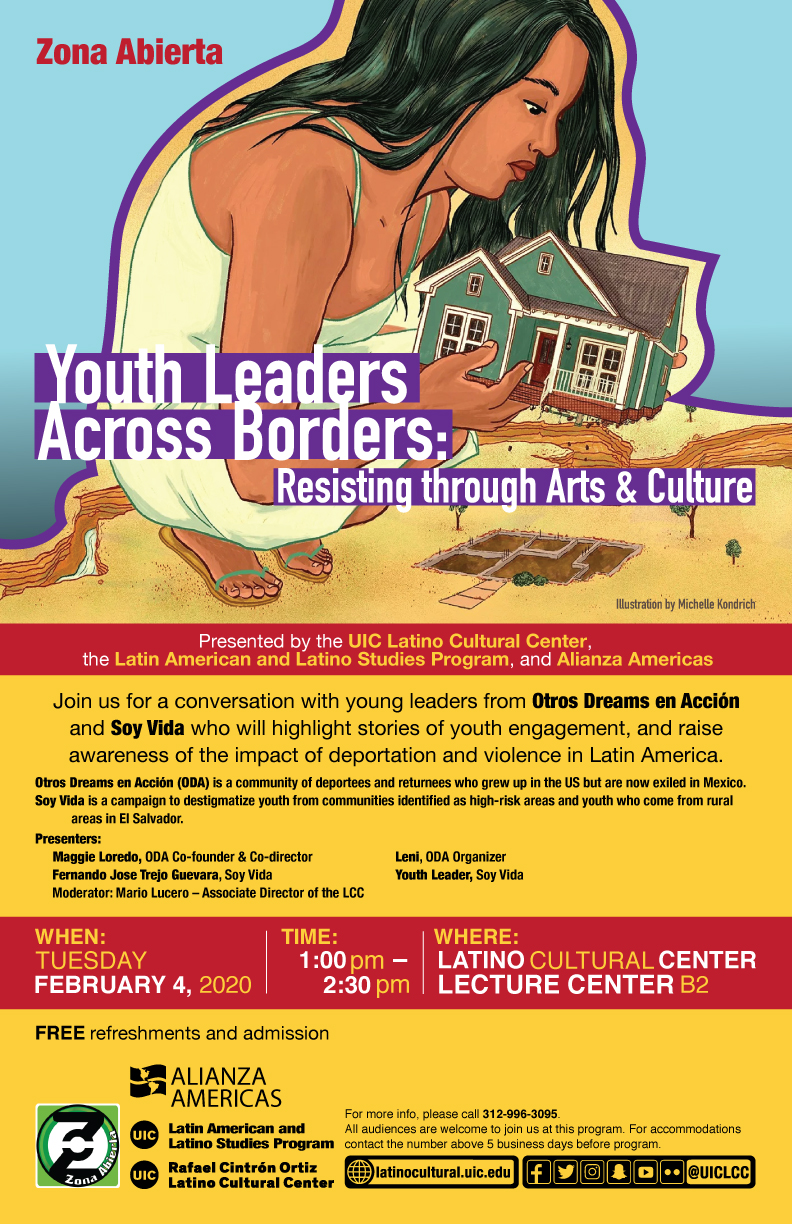 Poster image of Zona Abierta program depicting a young woman impacted by the effects of migration and deportation.