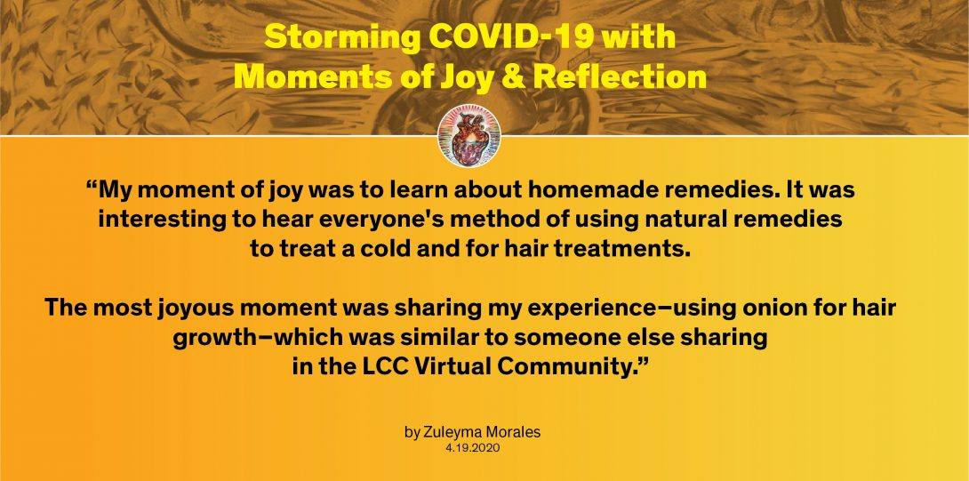 Moment by Zuleyma: “My moment of joy was learning about homemade remedies. It was interesting to hear everyone's method of using natural remedies to treat a cold and for hair treatments. The most joyous moment was sharing my experience–using onion for hair growth–which was similar to someone else sharing in the LCC Virtual Community.”