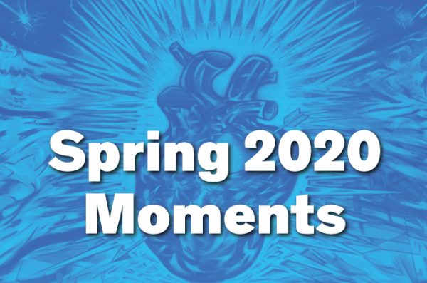 LCC's heart mural in an blue duotone with the words Spring 2020, Moments on top, centered