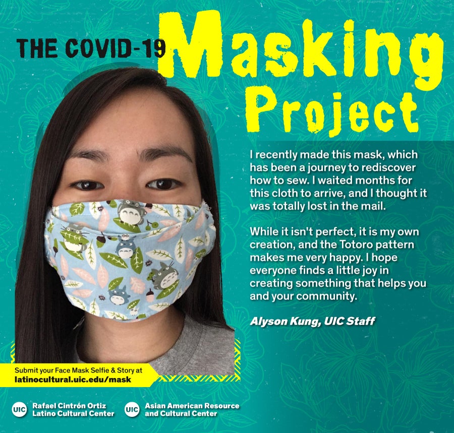 Masked Selfie of Alyson Kung against a blue floral background with the title 