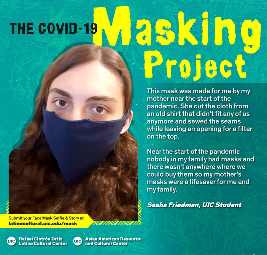 Masked Selfie of Sasha Friedman against a blue floral background with the title 