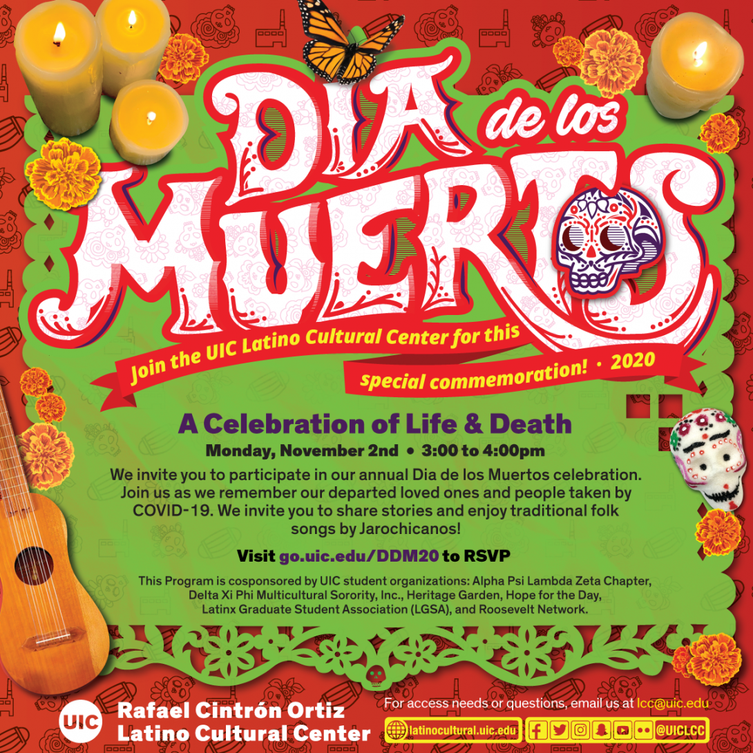 Red background with a repeating pattern of floral skulls, a factory, and a mask adorn the background of the poster. Candels, a stringed instrument, a decorated sugar skull, and cempazutl flowers adorn the edge of a green papel picado. Above, a monarch butterfly sits on top of the I in an illustrated Dia de los Muertos title.