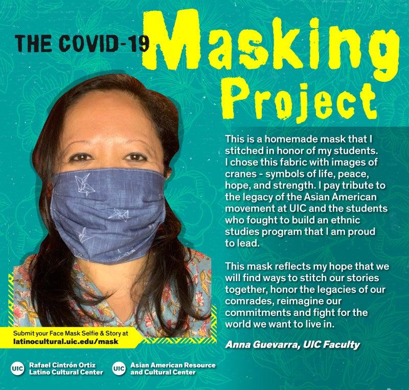 Masked Selfie of Anna Guevarra against a blue floral background with the title 