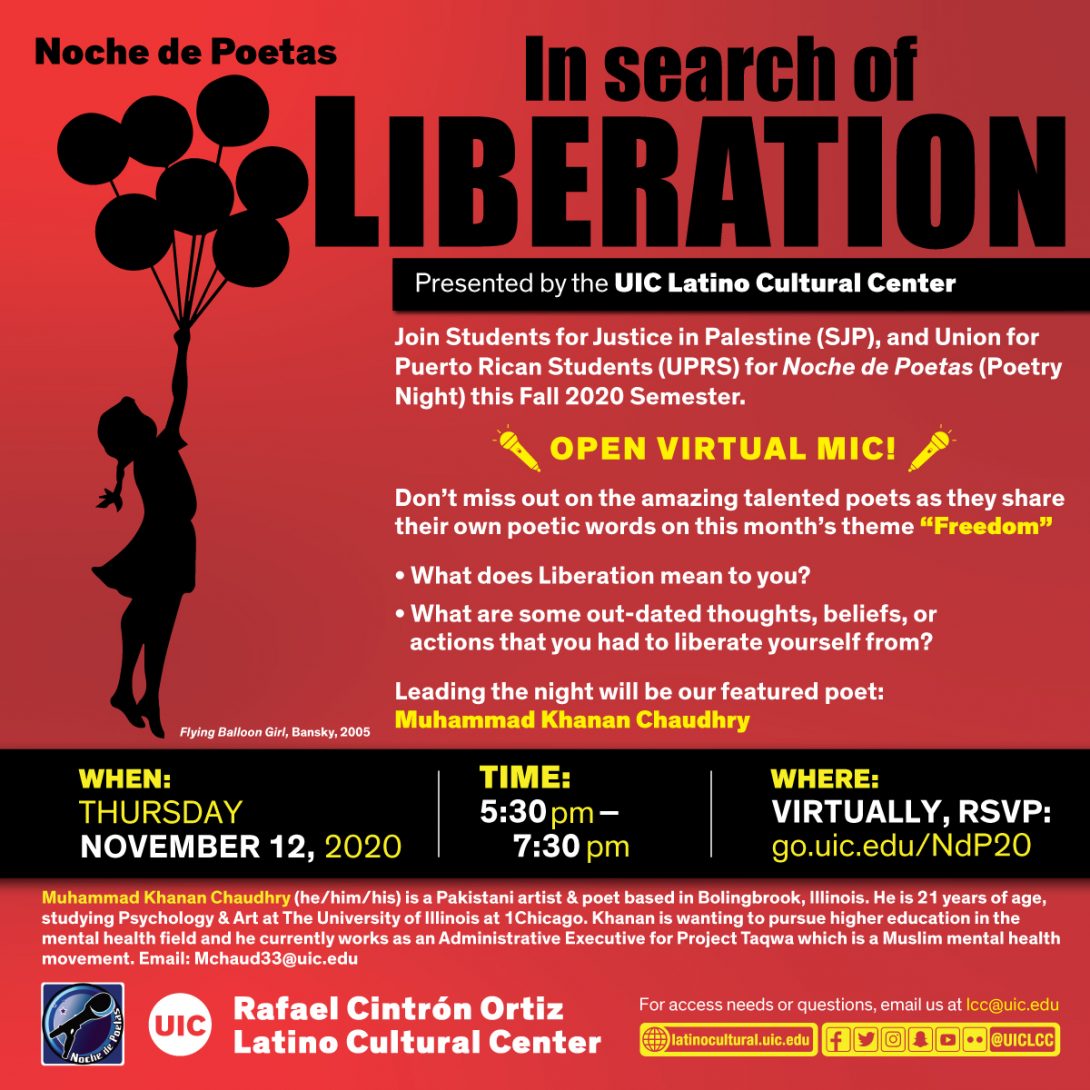 Red poster with with large black text up on top saying In search of Liberation, with a little girl floating into the air by seven balloons.