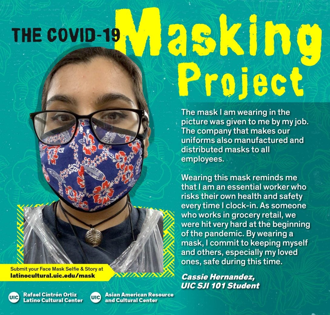 Masked Selfie of Cassie Hernandez against a blue floral background with the title 