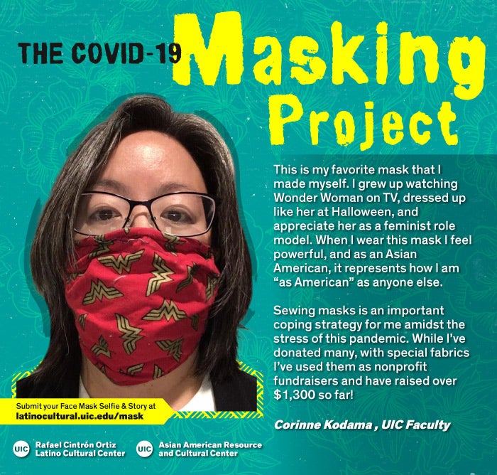 Masked Selfie of Corinne against a blue floral background with the title 