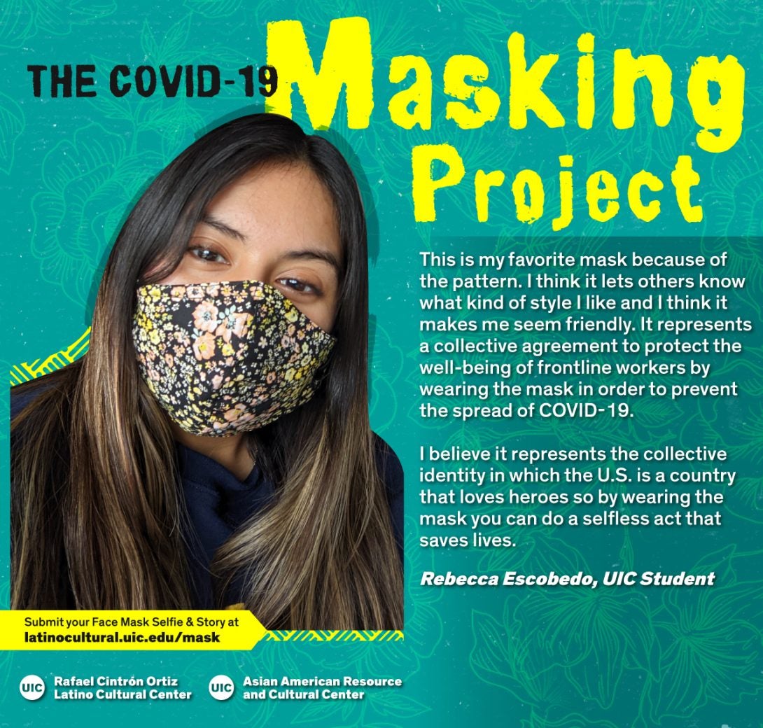 Masked Selfie of Rebecca Escobedo against a blue floral background with the title 