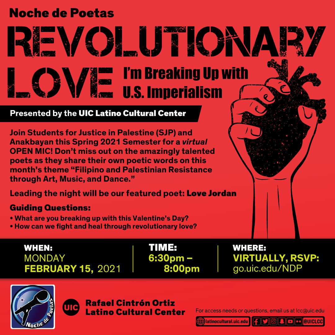 Red poster with with large black text up on top saying revolutionary love. On the right side, an illustration of a hand/fist holding up a heart.
