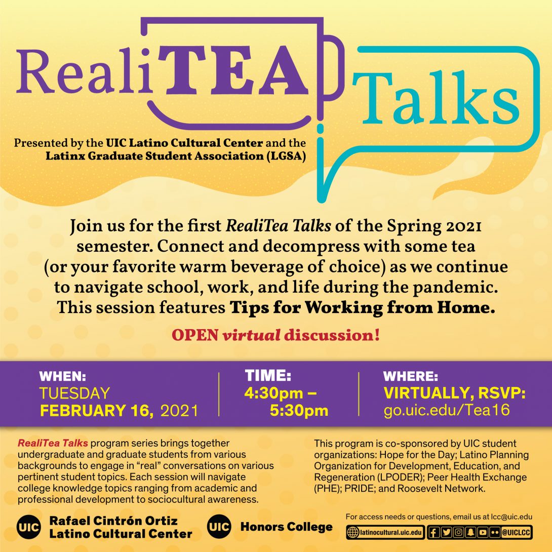 Yellow background with purple text that say RealiTEA with a teacup around the text followed by the word Talks with a light blue thought bubble. Tips for Working from Home