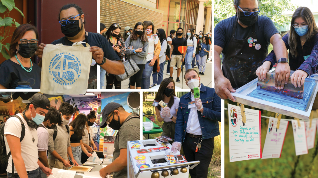 UIC Students, Staff, and Community members participating at the LCC's 45th anniversary. On the top left, a student holds their custom screen printed tote bag with the LCC logo. Top middle photo is a line of students waiting to get their tote bag. On the top right a student is screen printing their own tote bag. in the bottom left, students look over the LCC archive. Middle bottom, LCC staff and student worker hold up a paleta. On the bottom right, postcards with words of embrace hang on a string.