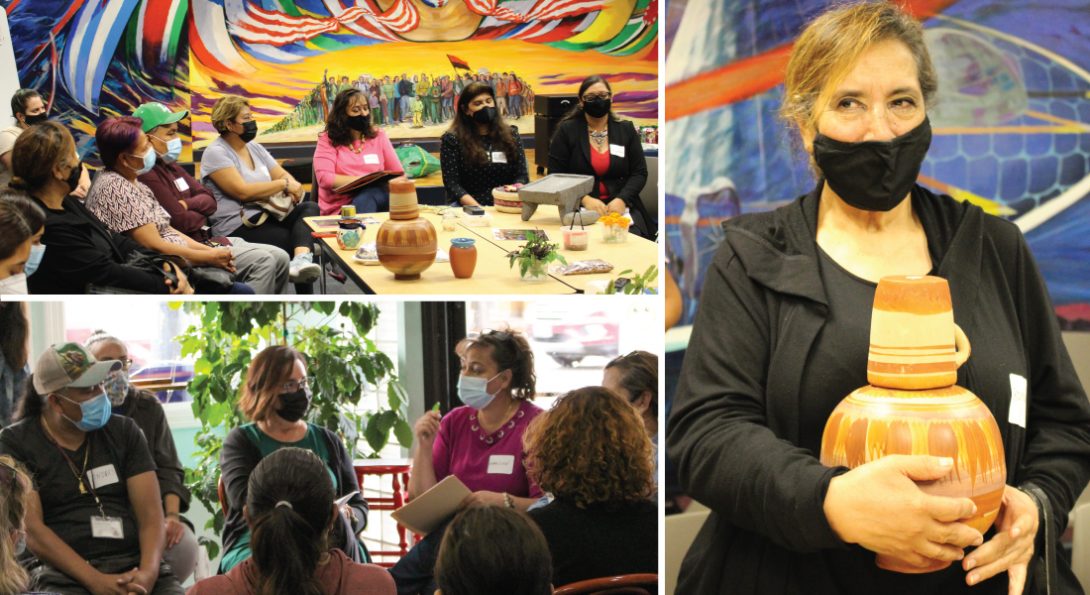 Top left image of a story circle at the LCC, below community members are in a circle discussing. On the right side, a woman is holding a traditional latinx pot.