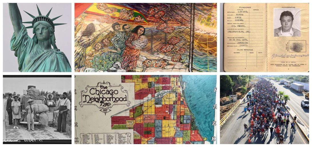 Images of the statue of liberty, mural at the Latino Cultural Center called American Dream, a picture of a passport, people moving, a map of the city of Chicago, and people protesting on the street