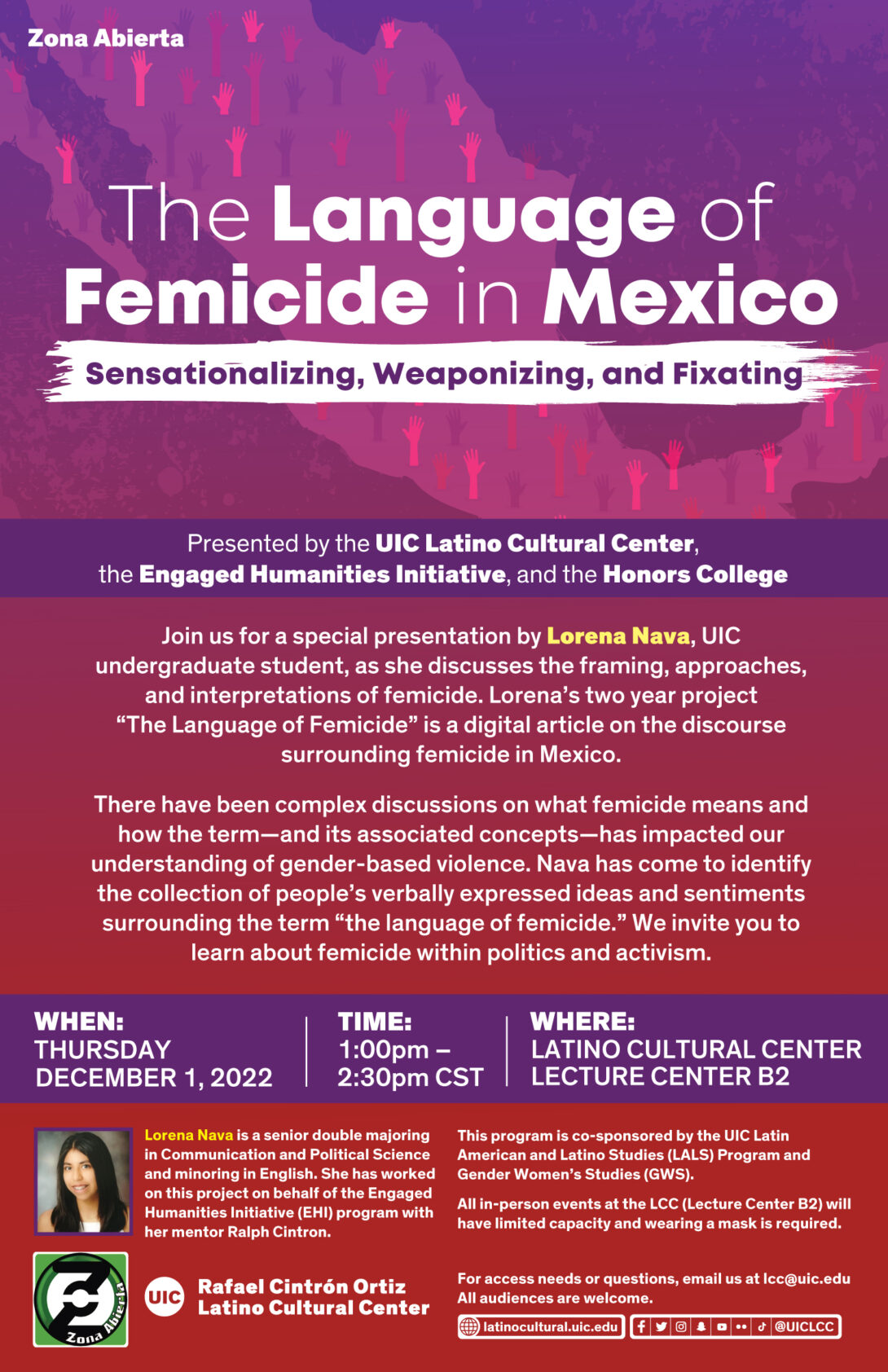 language of femicide in mexico, purple to red ombre background, white text