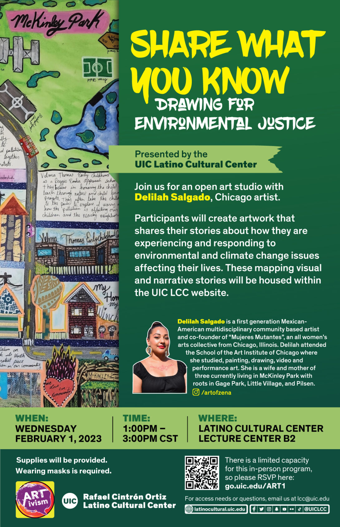 Green poster background with a creative drawn map of the McKinley neighborhood on the left and the artist photo and bio for Delilah Salgado on the right. The poster is shades of green and yellow and title reads 