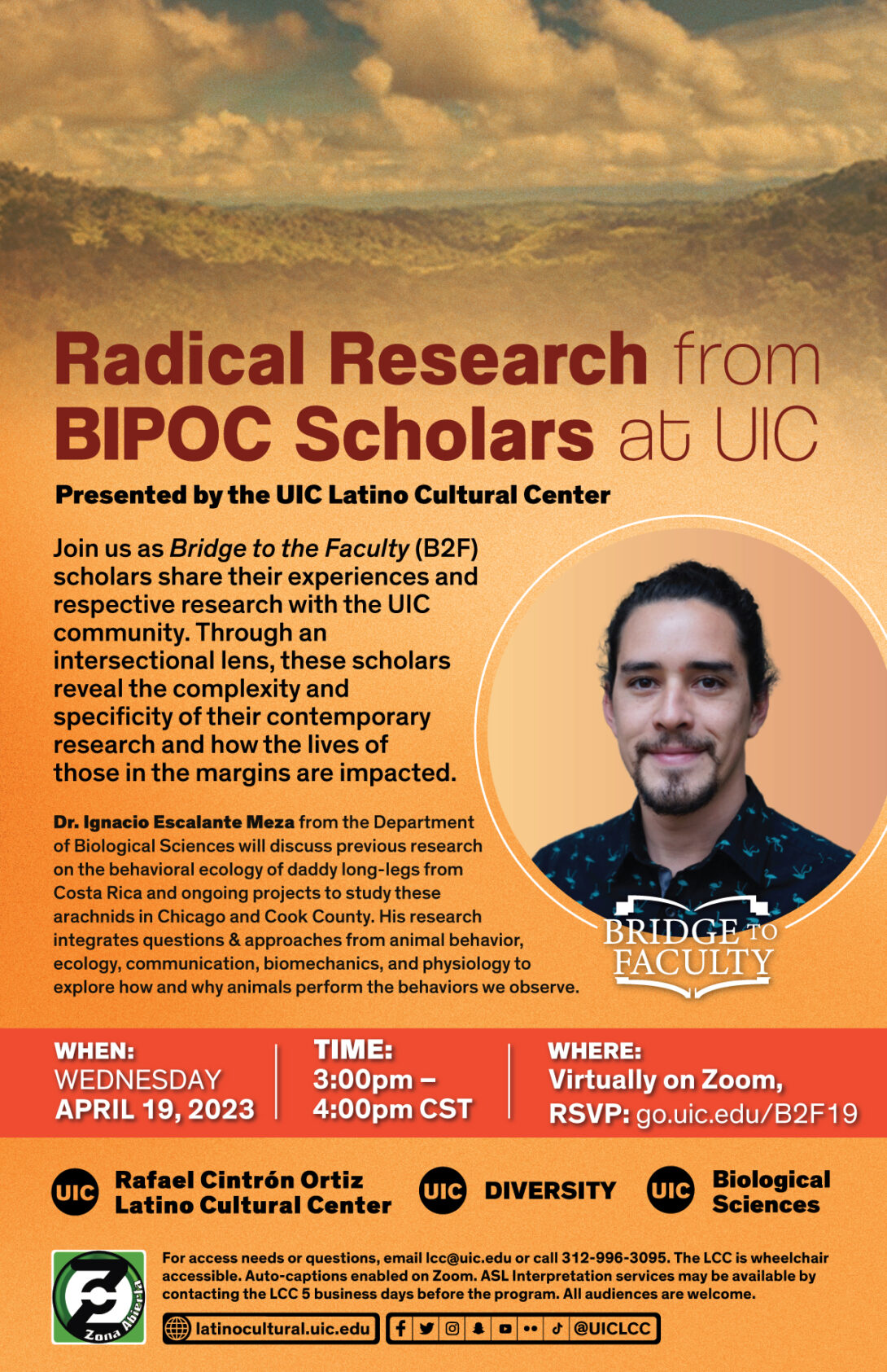 A light orange background with a photo of Dr. Ignacio Escalante Meza to the right. At the top is the event title in dark red text, and the event details below in black text.