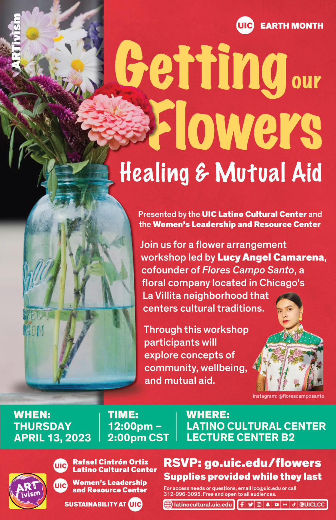 Red color background. Flowers in a mason jar on the left side of poster. Florist picture is on the lower right side next to poster text description. Title reads 