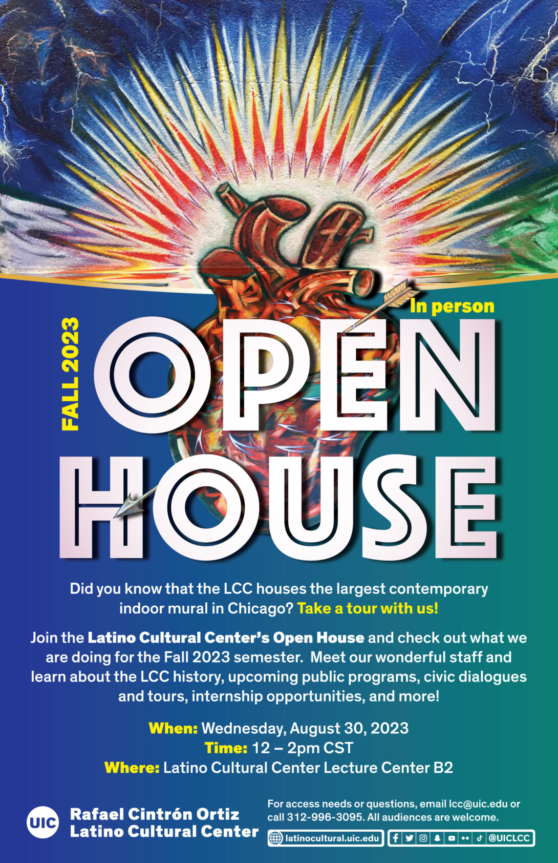 Background has a sacred heart with light rays emanating from the top and it is a mural that is housed at the Latino Cultural Center. The text read Fall 2023 Open House.