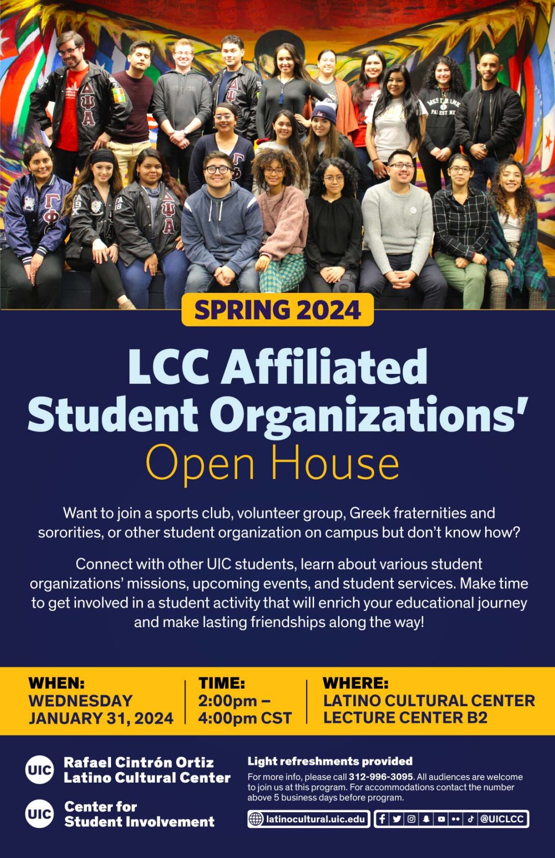 Header image of the poster includes a group of students from a wide variety of organizations