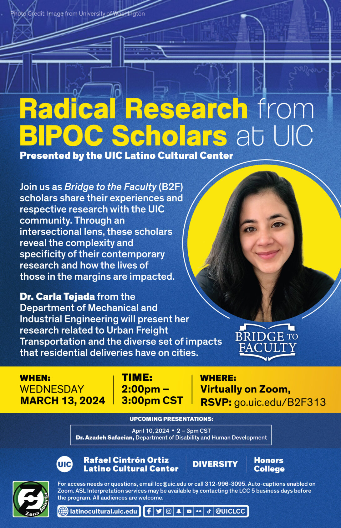 blue background on the whole poster with yellow text, photo of dr. carla tejada in a circle with a yellow background. carla has long black straight hair and is smiling toward the camera