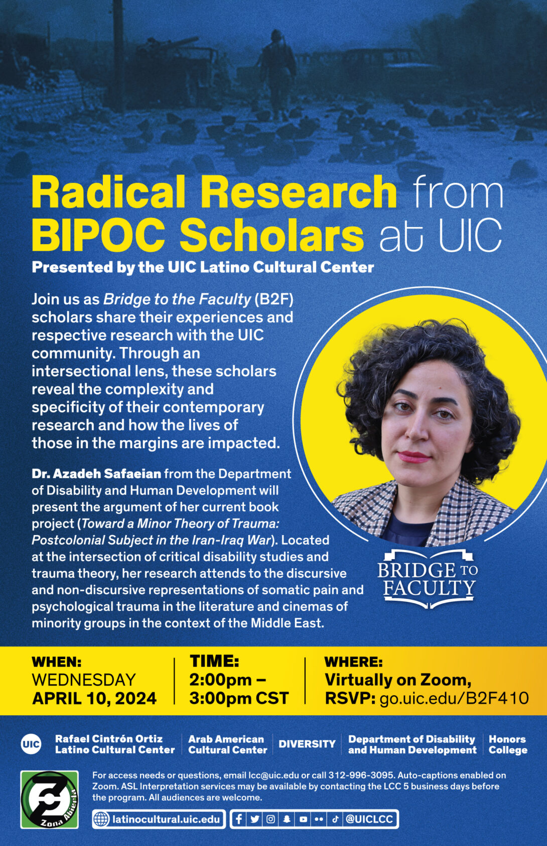 Dr. Safaeian appears to the right of the blue poster inside a yellow circle. She is wearing a black and white patterned jacket and has short black curly hair inches over her shoulder and red lipstick.