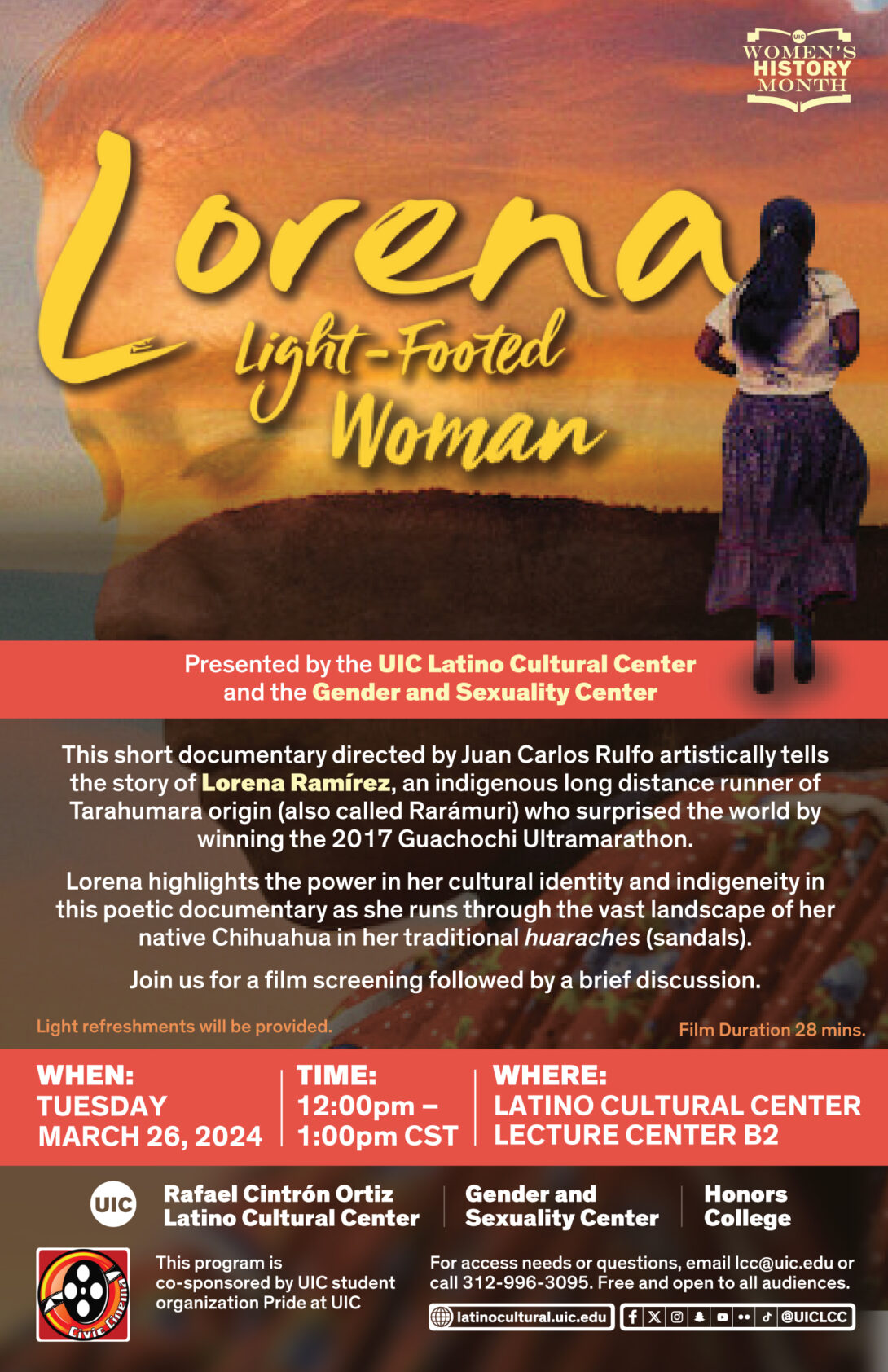 The face of a woman in a sandy orange similar to a sunset is at the background of poster and there is a woman of indigenous clothing running into the background