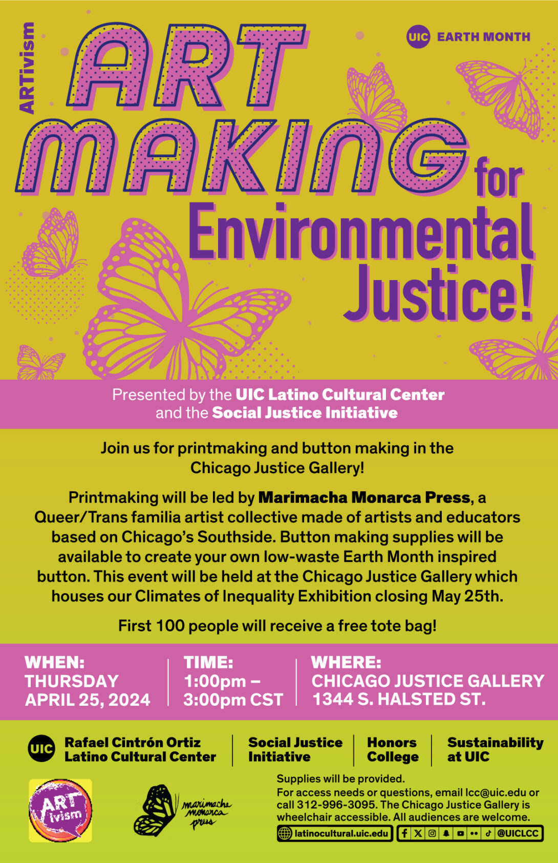 pink text and pink butterflies at the top, with a yellow background, invite folks to make art for environmental justice