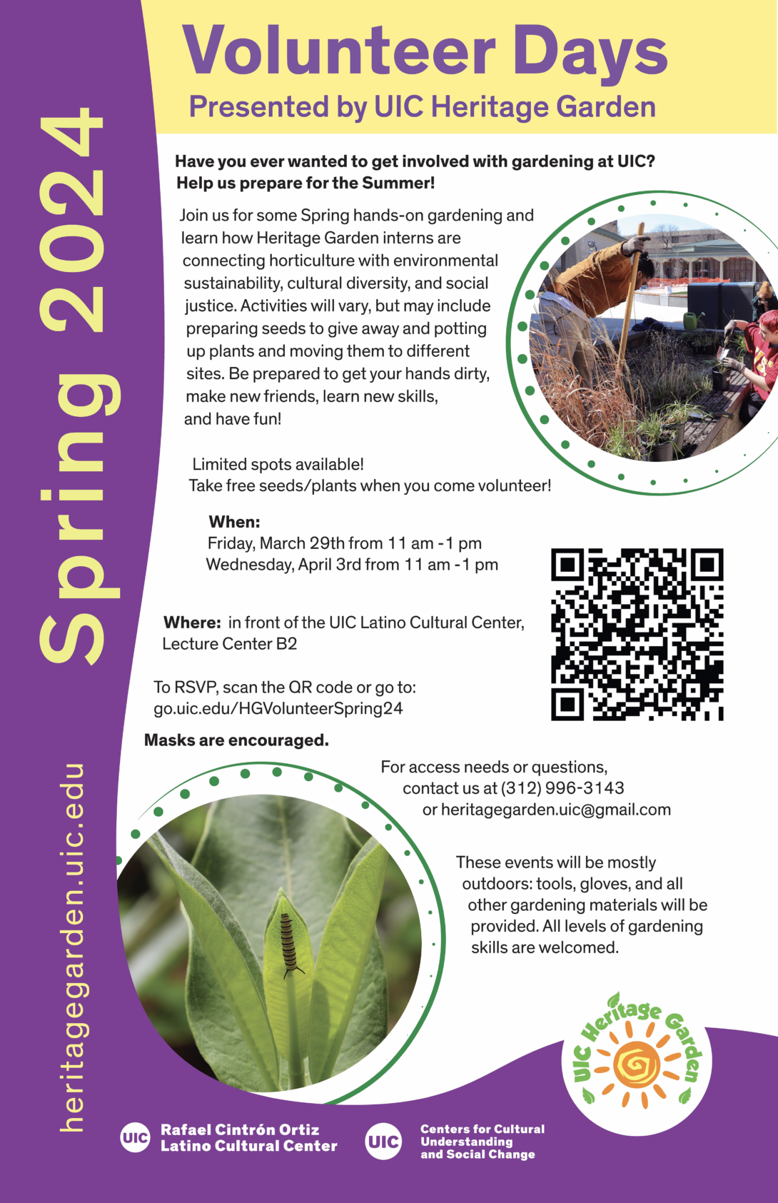 Yellow header with the title of the event in purple letters. Text of the poster is in a white background. A circular image of a student with a shovel standing in the raised bed and another kneeling at the base of the raised bed pouring soil with a trowel into a pot is on the top right corner. In the middle right is a QR code to RSVP to the event. In the lower left corner is a circular image of a monarch caterpillar in the middle of four milkweed leaves.  The side and bottom is a dark purple frame with “heritage garden.uic.edu” and “Spring 2024” written vertically in yellow letters.The logos of the Centers for Cultural Understanding and Social Change, the UIC Latino Cultural Center and the UIC Heritage Garden are at the bottom.