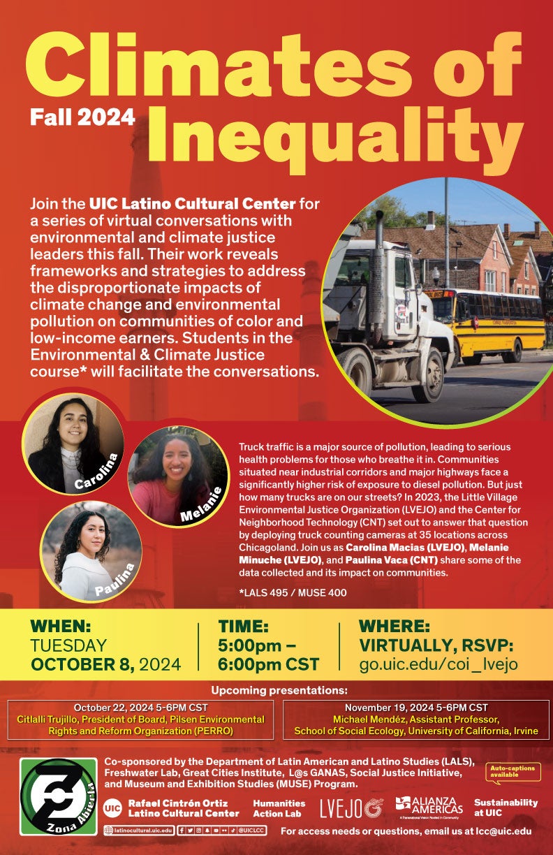 Image shows a red poster with yellow large text readings Climates of Inequality Fall 2024. There is two blocks of white text describing the event, with one large image of a semi-truck near homes in a circle on the right hand side. On the left side of the image there are three circles in a triangle shape with the images of the three presenters. There is a yellow bar across the page with the date, location and time of the event.