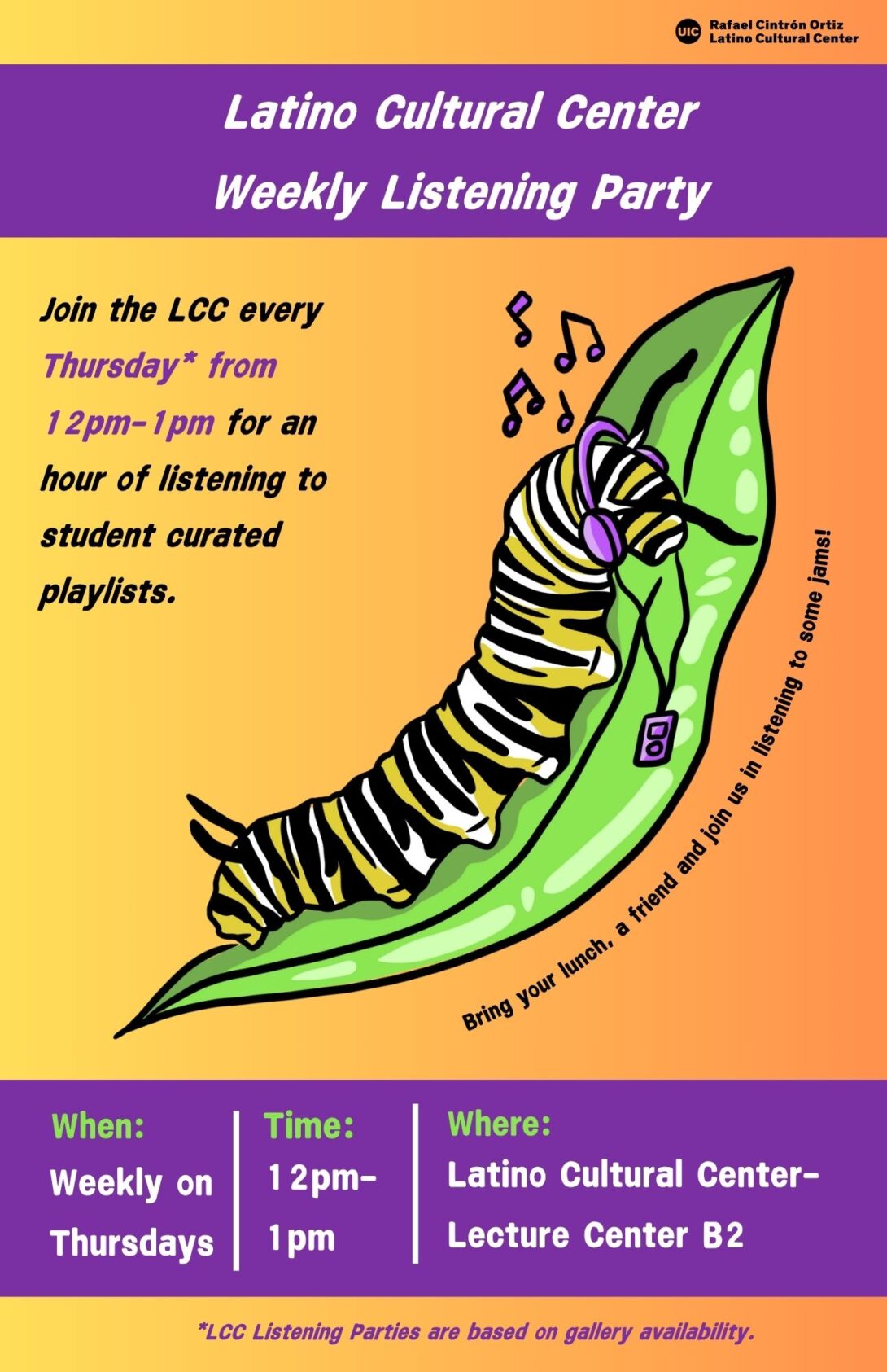 Orange poster with a large cartoon caterpillar wearing headphones and listening to music while sitting on a leaf. There are large purple boxes that go across the poster with the details of the event in white text.