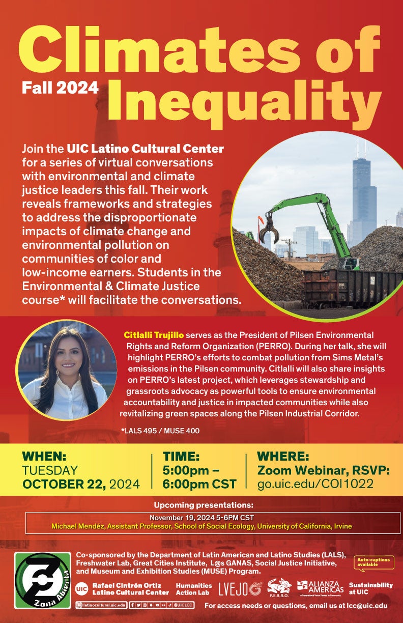 Image is a red poster with yellow bold text reading Climates of Inequality across the top. There is a circle on the right hand side with an image of a construction site juxtaposed with the city of Chicago behind it. There is a bubble on the left hand side with an image of the speaker.