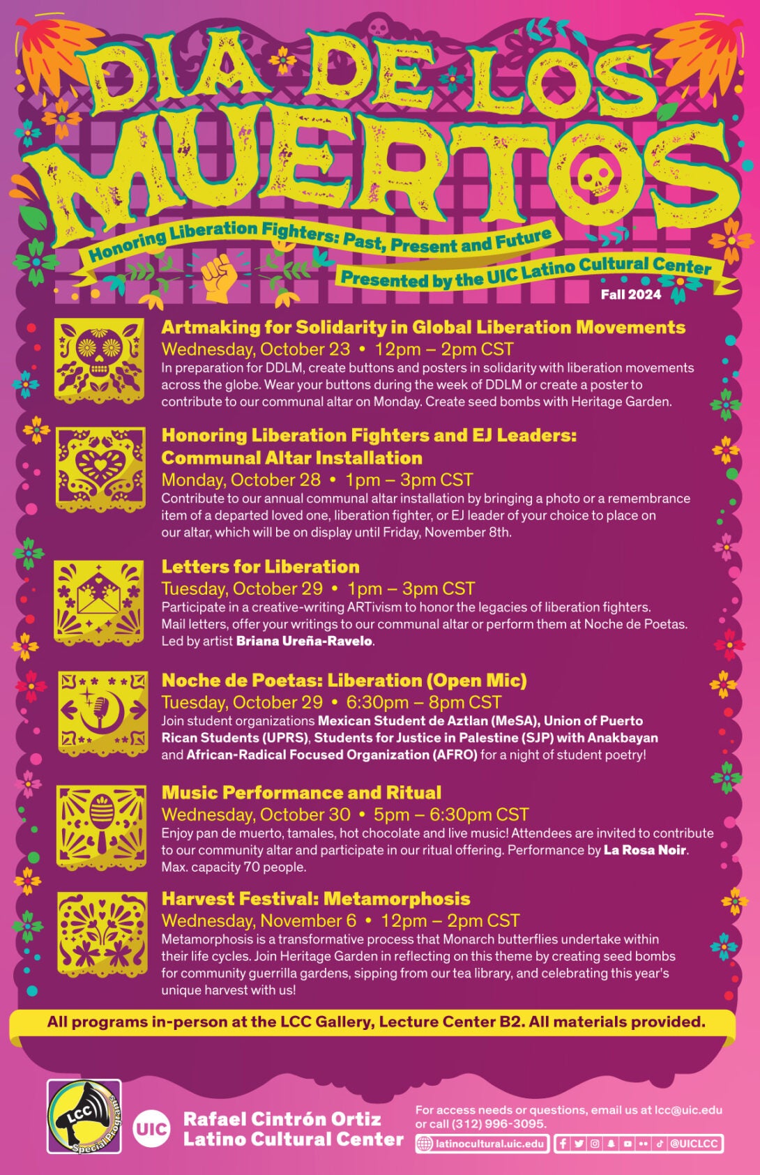 Image shows a pink and purple poster with yellow large text reading Dia de los Muertos: Honoring Liberation Fighters Past, Present and Future. Below that is six events in yellow text with a representation of papel picado for each event.