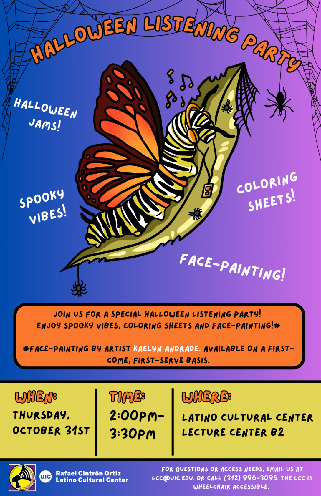 Image shows a dark purple to light purple gradient, with the words Halloween Listening Party in orange across the top. There is a caterpillar dressed up as a monarch butterfly. There are spider webs in the top corners.