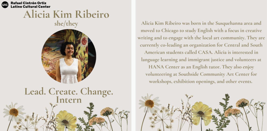 Photo of Alicia with a floral background and bio