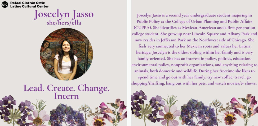 Photo of Joscelyn with a floral background and bio