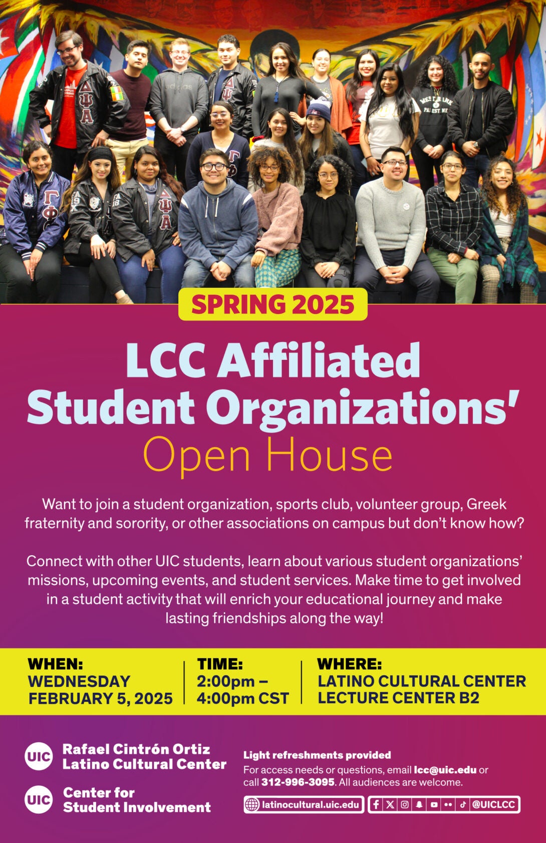 Pink poster with an image of students on the top hand portion. Large white and yellow text for title.