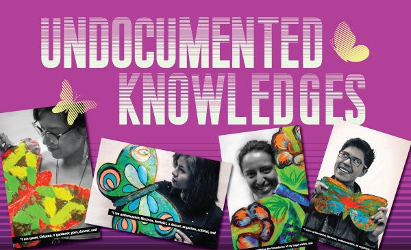 purple background with the words undocumented knowledges and 4 postcards of studetnts