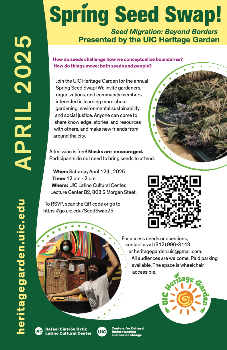 Left hand side has a green swirl border with yellow text. Three large circles with the images of Heritage Garden interns.