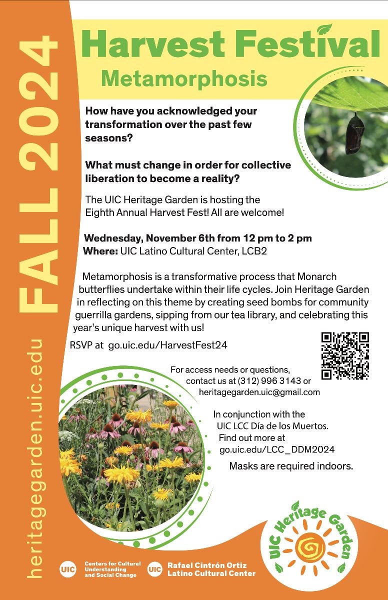 Poster with orange swirl border on the left hand side, three large circles with images of Heritage Garden interns inside.