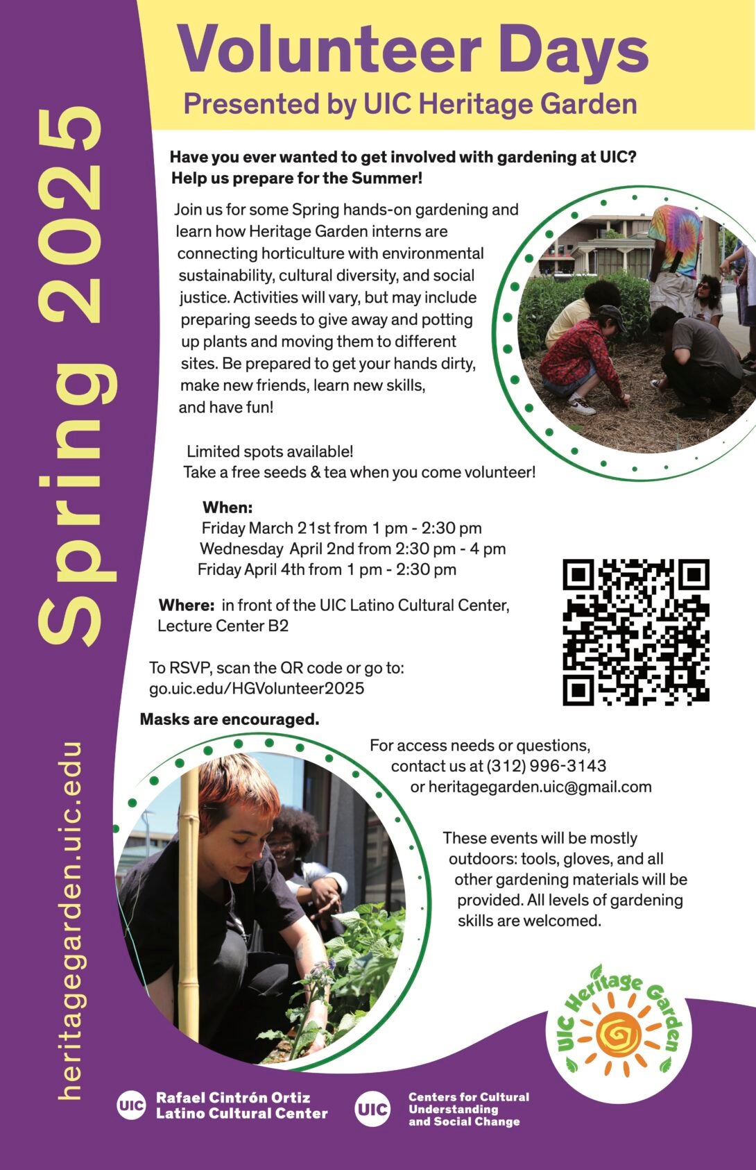 Poster with purple swirl border and three large circles with photos of interns inside.